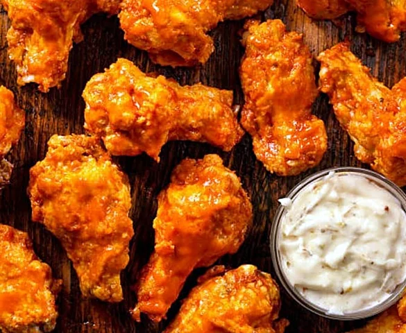 Sauced chicken wings with a cup of creamy dip